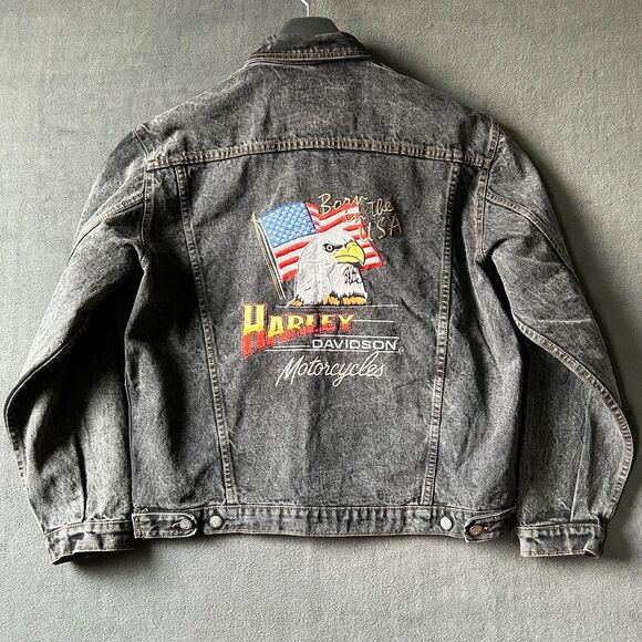 Vintage Harley-Davidson Denim Jean Jacket Born in the USA Eagle - Men's Size L - Picture 3 of 7